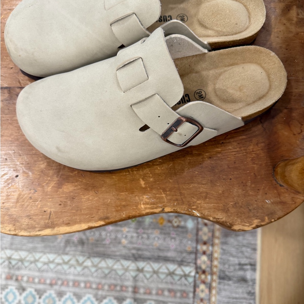 Cream Suede Slip-On Clogs with Buckle Accent